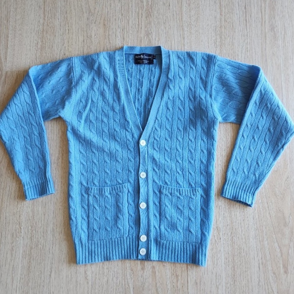 Vintage Blue Cable Knit Cardigan 100% Lambswool EUC